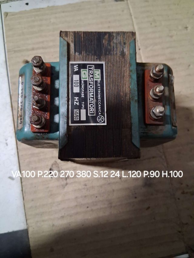 TRASFORMATORE DA VA.100 PRI. 220 270 380 SEC. 12 24 LUN.120 PRF.90 ALT.100