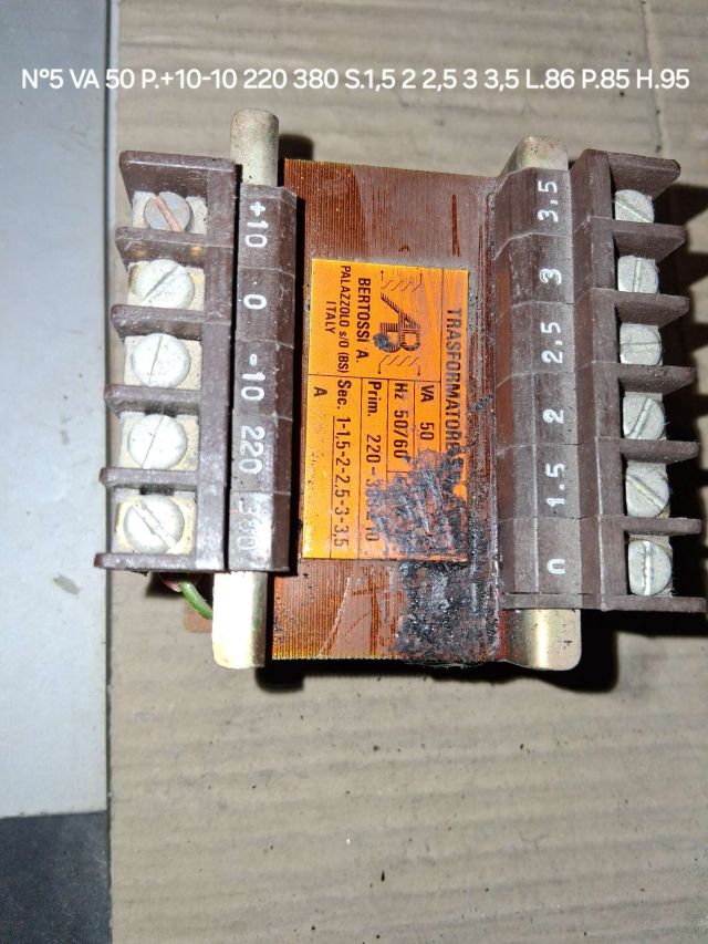 TRASFORMATORE DA VA.50 PRI. 220 380 SEC. 1,5 2 2,5 3 3,5 LUN.86 PRF.85 ALT.95